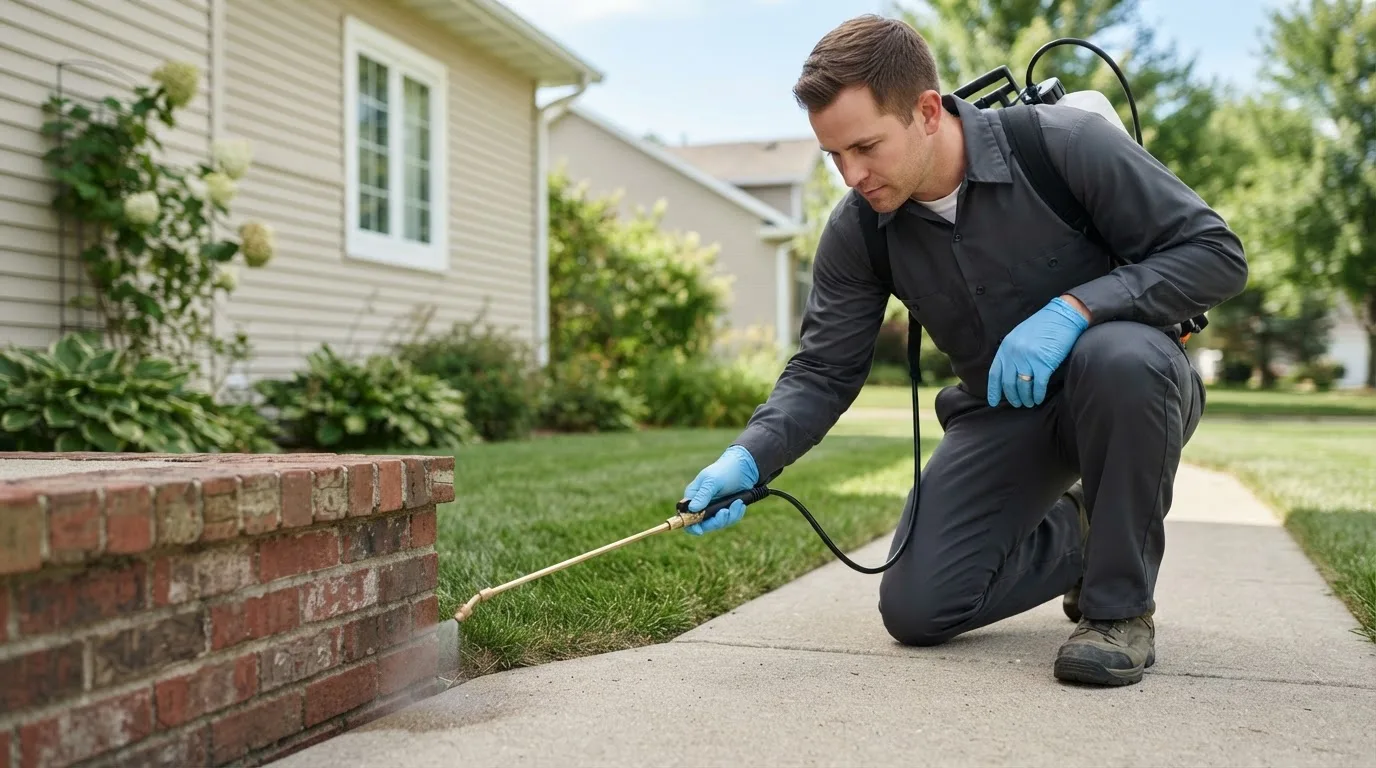 Pest control technician treating a home near Kouts, IN